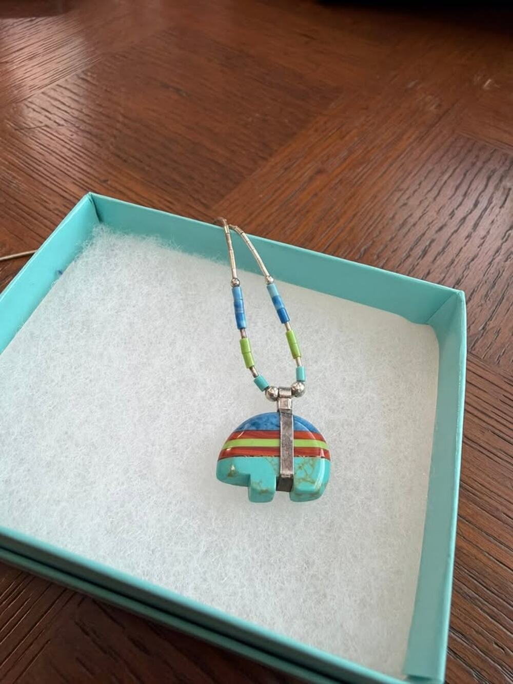 Southwestern Stone Inlay Bear Fetish Pendant Necklace (CCC13)